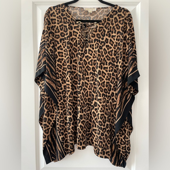 Michael Kors Tops - Michael Kors Size M Lace-Up Leopard Print Kaftan Tunic Blouse